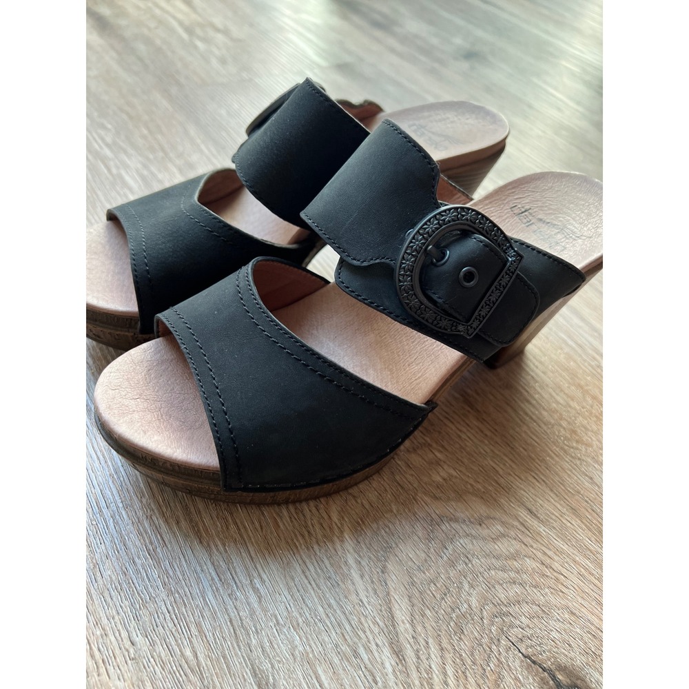 Dansko Ramona Black Leather Slide Sandals Buckle Block Heel Clog Mules Size 7.5 - Picture 3 of 11